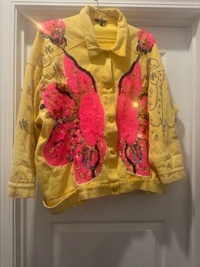 Yellow Denim Jacket with Hot Pink Sequin Butterfly